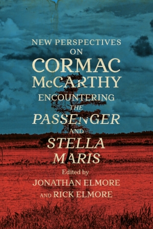 Tinted blue sky and barren red ground with one tree at center. Cream title flowing from center top to center bottom, cream author name placed at bottom.