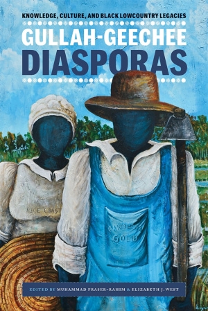 Painting of a blank-faced blue woman and man in farming attire. White and navy-blue title at top; white author name in navy blue text box at bottom.