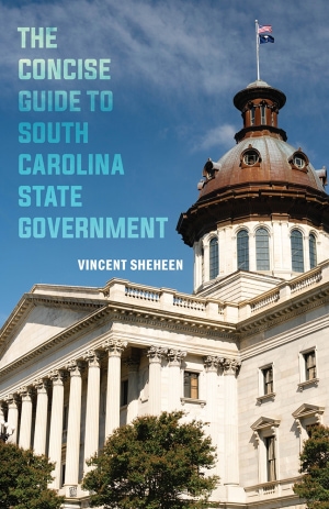 View of South Carolina Statehouse from front right corner. Blue title and white author name in upper left.