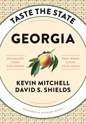 Botanical illustration of a peach. Background of peaches, onions, and shrimp. Black title centered above the peach, author names below.