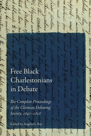 Background of handwritten text running vertical along the cover. Translucent blue overlay with white title, subtitle, and author name.