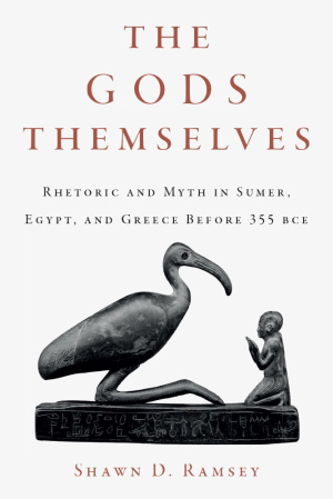 White background with dark gray statue of an ibis and praying figure. Dusty orange title top center; dusty orange author name at bottom.