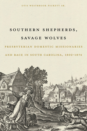 Illustrated shepherd fending off wolves from sheep. Black title centered, gold author name above.