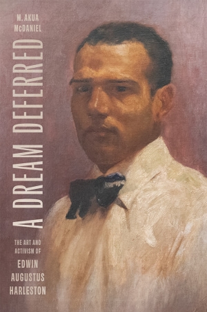 Painting of a man in a white shirt and black bowtie on a mauve background. Cream title and author name are vertical along the right side.