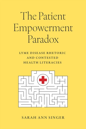 Yellow background with illustration of a black and white hospital-shaped maze puzzle. Black title at top, black author name at bottom.