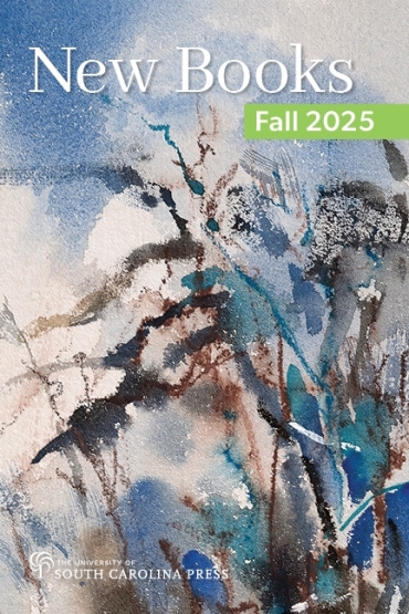 Abstract watercolor painting in with blue, teal, and brown shapes on beige background. Title in white.
