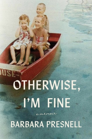 Photograph of three children in a small, red rowboat in blue water. White title, subtitle, and author name below.