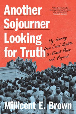 Vibrant orange background with muted blue photo of peaceful protest. White title underlined placed top left and white author name placed at bottom.