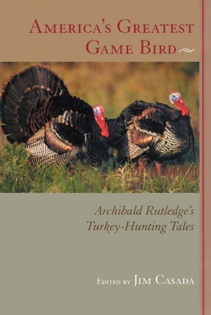 Photograph of two turkeys in a field. Red title above and brown subtitle and white editor name below.