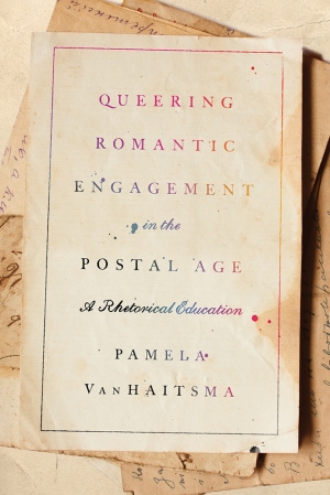 Background of aged tan papers with black script. Title, subtitle, and author name in a gradient of black and rainbow.