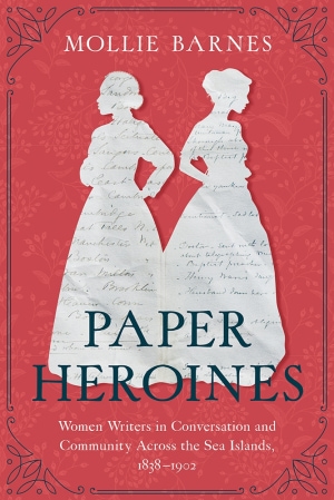 Centered white paper silhouettes of two women. Red background, edged with blue scrollwork. Dark blue title in bottom third. White author name at top.