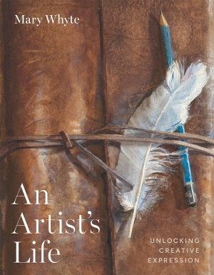 Painting of a brown leather journal, white feather, and blue pencil. White author name in upper left; title bottom left; subtitle bottom right.