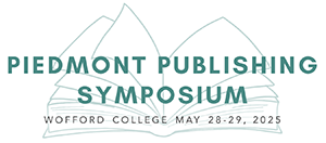 outline of an open book with teal text across